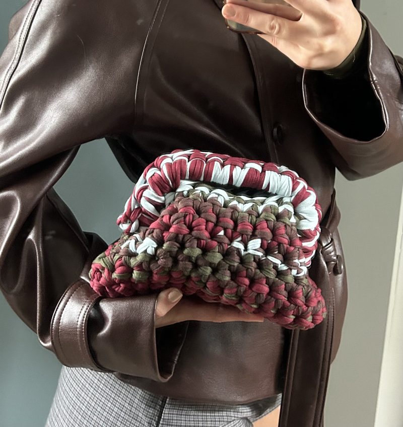 Chunky Crochet Clutch Bag – Handmade T-Shirt Yarn Pouch in Burgundy, Olive, Brown & Pale Blue