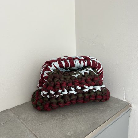 Chunky Crochet Clutch Bag – Handmade T-Shirt Yarn Pouch in Burgundy, Olive, Brown & Pale Blue