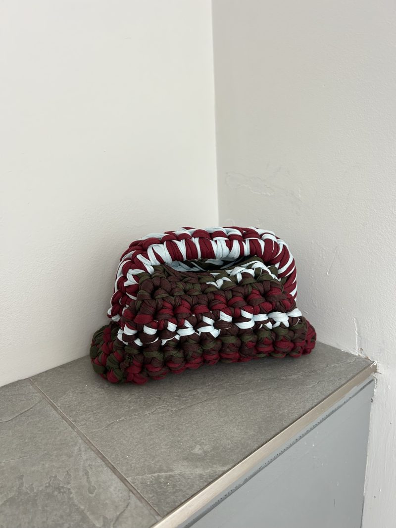 Chunky Crochet Clutch Bag – Handmade T-Shirt Yarn Pouch in Burgundy, Olive, Brown & Pale Blue