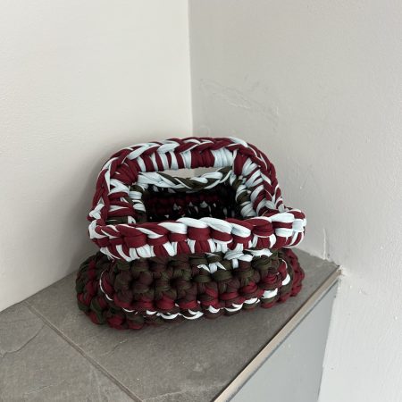 Chunky Crochet Clutch Bag – Handmade T-Shirt Yarn Pouch in Burgundy, Olive, Brown & Pale Blue