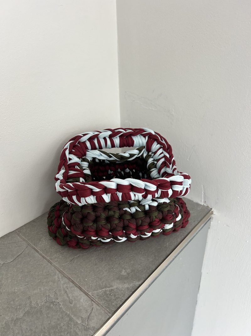Chunky Crochet Clutch Bag – Handmade T-Shirt Yarn Pouch in Burgundy, Olive, Brown & Pale Blue