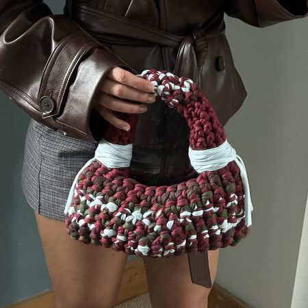 Crochet Bubble Handbag - Handmade T-Shirt Yarn Bag in Burgundy, Olive, Grey & Pale Blue