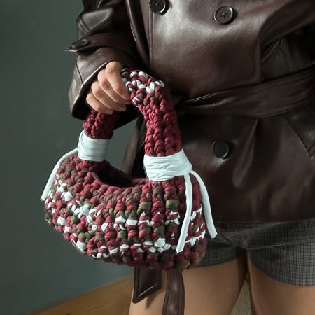 Crochet Bubble Handbag - Handmade T-Shirt Yarn Bag in Burgundy, Olive, Grey & Pale Blue