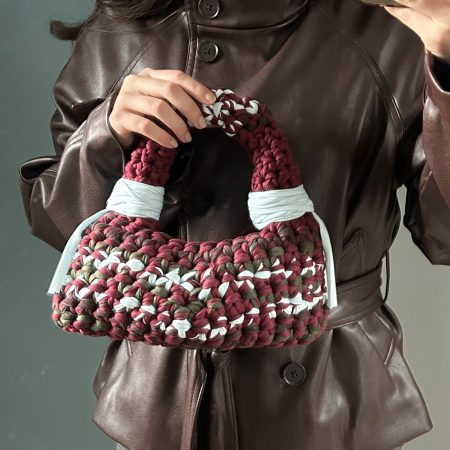 Crochet Bubble Handbag - Handmade T-Shirt Yarn Bag in Burgundy, Olive, Grey & Pale Blue