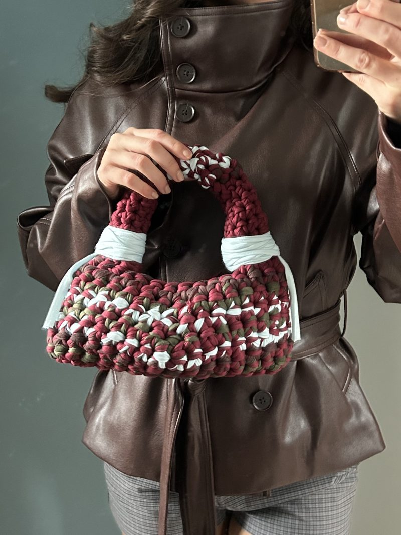Crochet Bubble Handbag - Handmade T-Shirt Yarn Bag in Burgundy, Olive, Grey & Pale Blue
