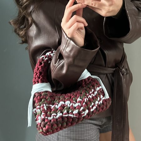 Crochet Bubble Handbag - Handmade T-Shirt Yarn Bag in Burgundy, Olive, Grey & Pale Blue