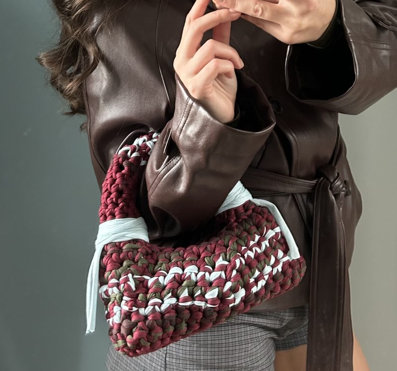 Crochet Bubble Handbag - Handmade T-Shirt Yarn Bag in Burgundy, Olive, Grey & Pale Blue