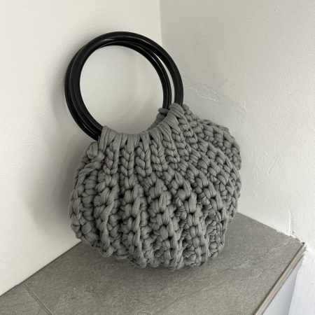 Chunky Crochet Shell Handbag – Handmade Grey T-Shirt Yarn Bag with Black Round Handles