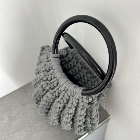 Chunky Crochet Shell Handbag – Handmade Grey T-Shirt Yarn Bag with Black Round Handles