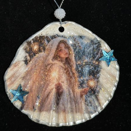 Shell-shaped Christmas ornament with resin decoupage