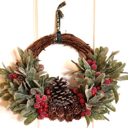 Red Berries and Acorns In Green Foliage Small Winter Wreath