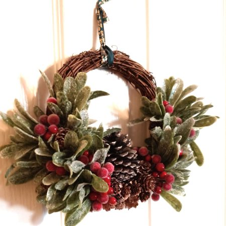 Red Berries and Acorns In Green Foliage Small Winter Wreath