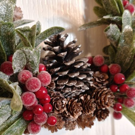 Red Berries and Acorns In Green Foliage Small Winter Wreath