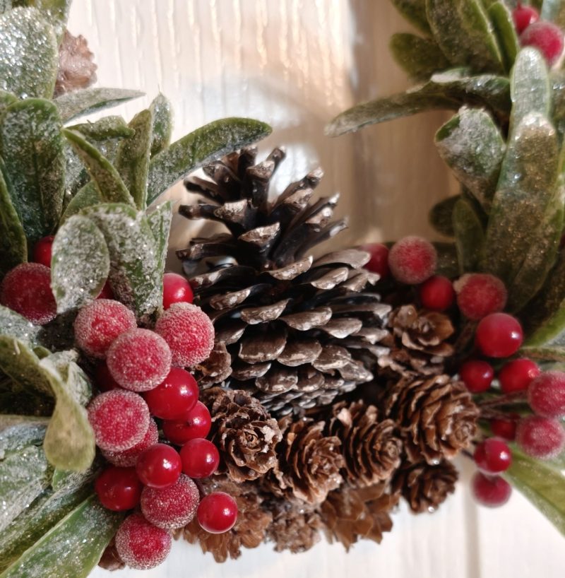 Red Berries and Acorns In Green Foliage Small Winter Wreath