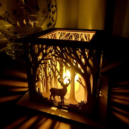 Woodland Deer Wooden Lantern – Layered LED Tealight Holder