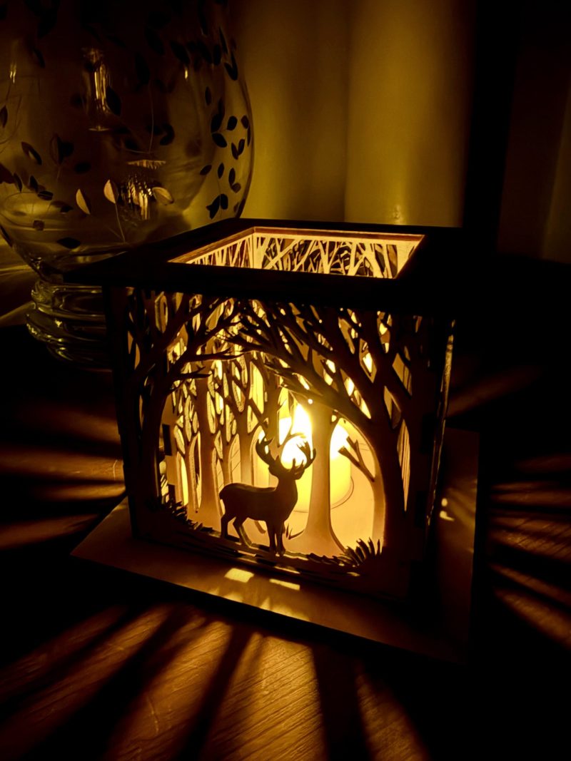 Woodland Deer Wooden Lantern – Layered LED Tealight Holder