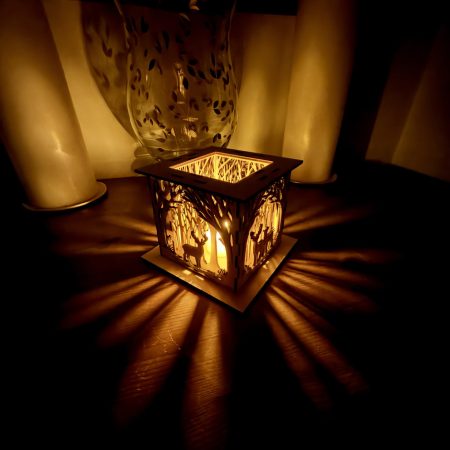 Woodland Deer Wooden Lantern – Layered LED Tealight Holder