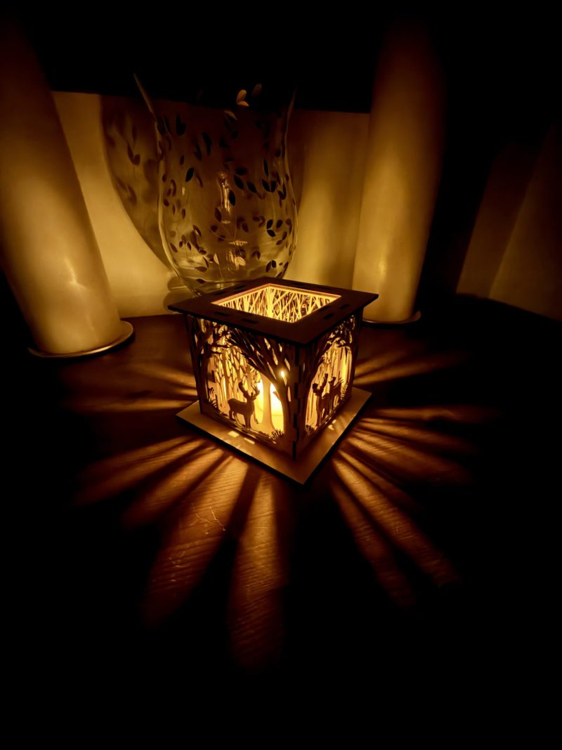 Woodland Deer Wooden Lantern – Layered LED Tealight Holder