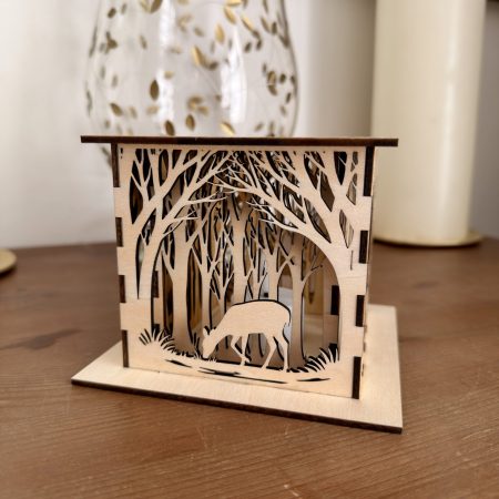 Woodland Deer Wooden Lantern – Layered LED Tealight Holder