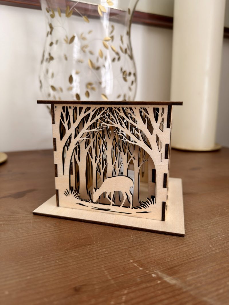 Woodland Deer Wooden Lantern – Layered LED Tealight Holder