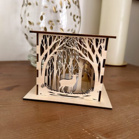 Woodland Deer Wooden Lantern – Layered LED Tealight Holder