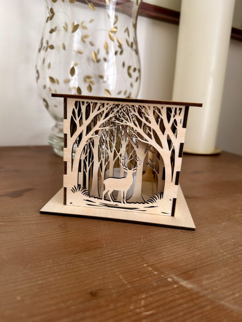 Woodland Deer Wooden Lantern – Layered LED Tealight Holder