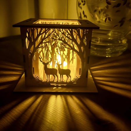 Woodland Deer Wooden Lantern – Layered LED Tealight Holder