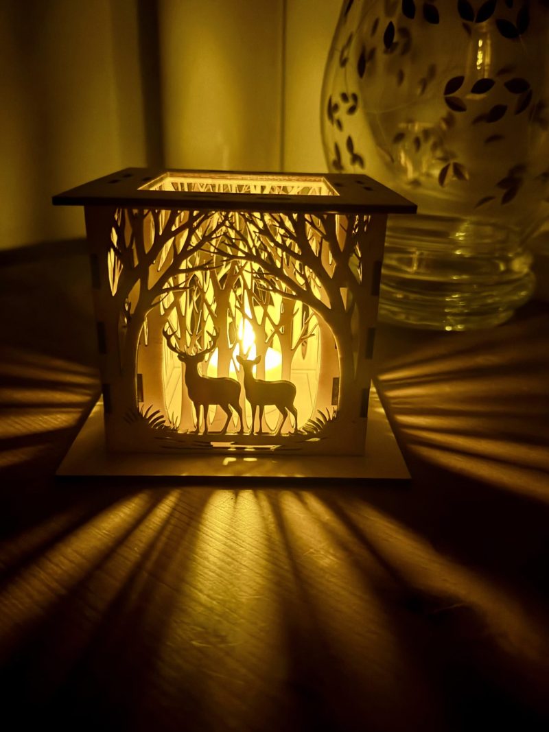 Woodland Deer Wooden Lantern – Layered LED Tealight Holder