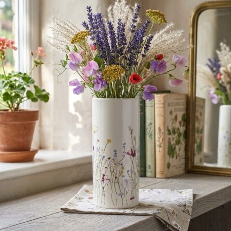 White Ceramic Vase with Hand-Drawn Floral Design Print
