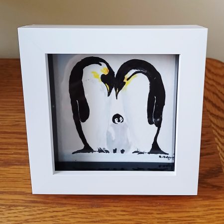 Original Acrylic Penguin Family Painting in White Box Frame