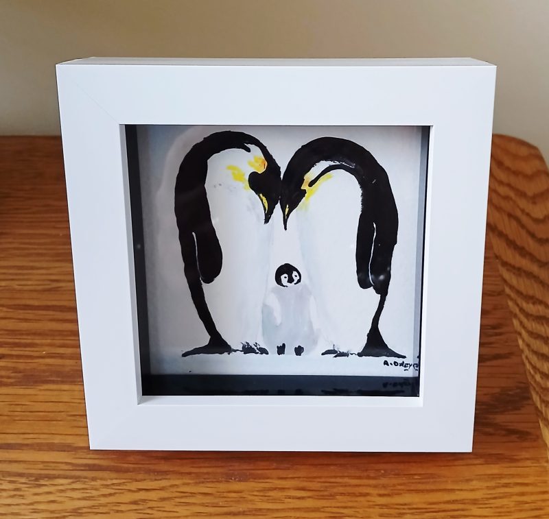 Original Acrylic Penguin Family Painting in White Box Frame