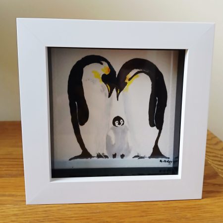 Original Acrylic Penguin Family Painting in White Box Frame