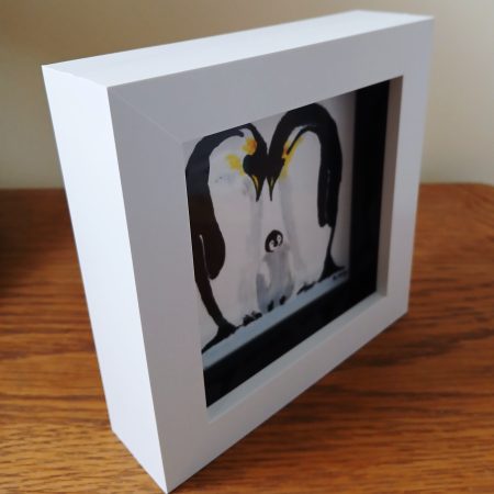 Original Acrylic Penguin Family Painting in White Box Frame