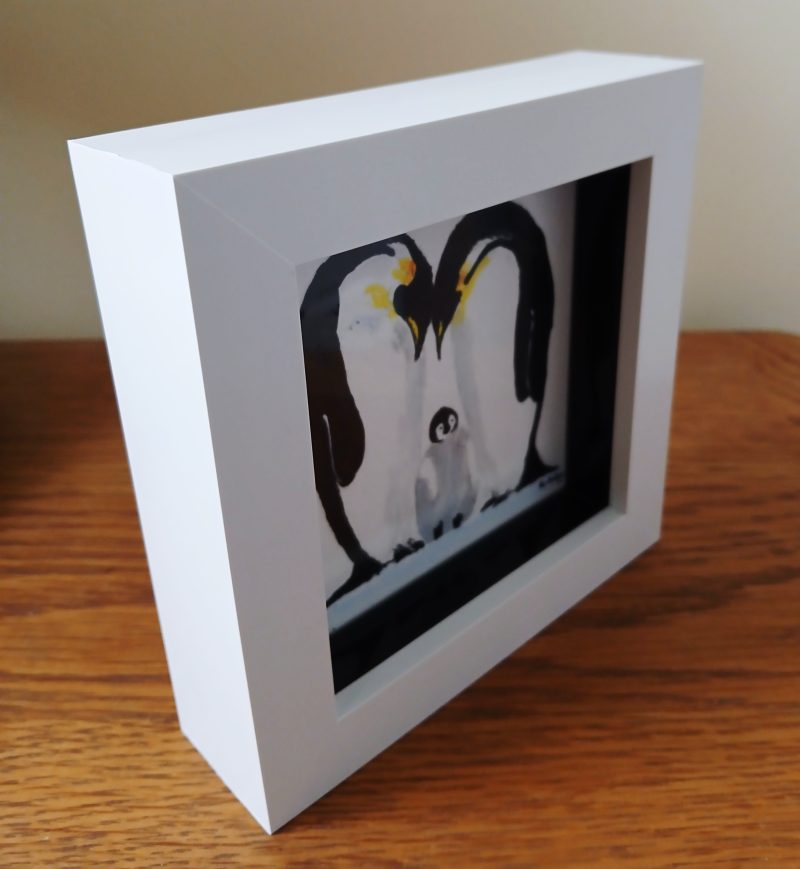 Original Acrylic Penguin Family Painting in White Box Frame