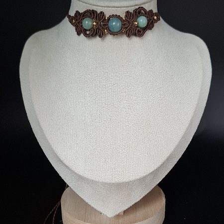 Chocolate Brown Macrame Choker Necklace with Aquamarine and Amazonite gemstones