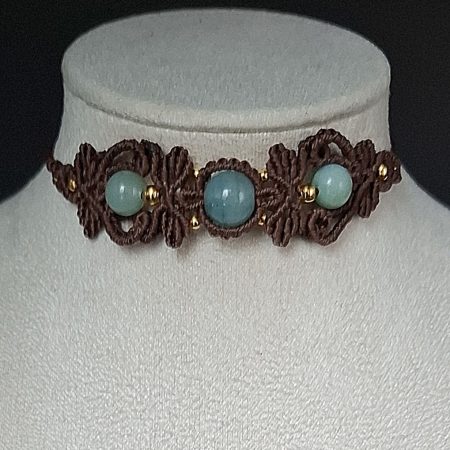 Chocolate Brown Macrame Choker Necklace with Aquamarine and Amazonite gemstones