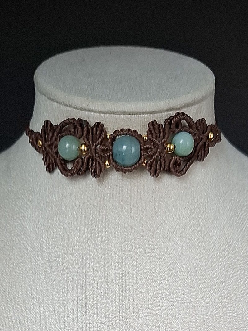 Chocolate Brown Macrame Choker Necklace with Aquamarine and Amazonite gemstones