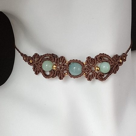 Chocolate Brown Macrame Choker Necklace with Aquamarine and Amazonite gemstones