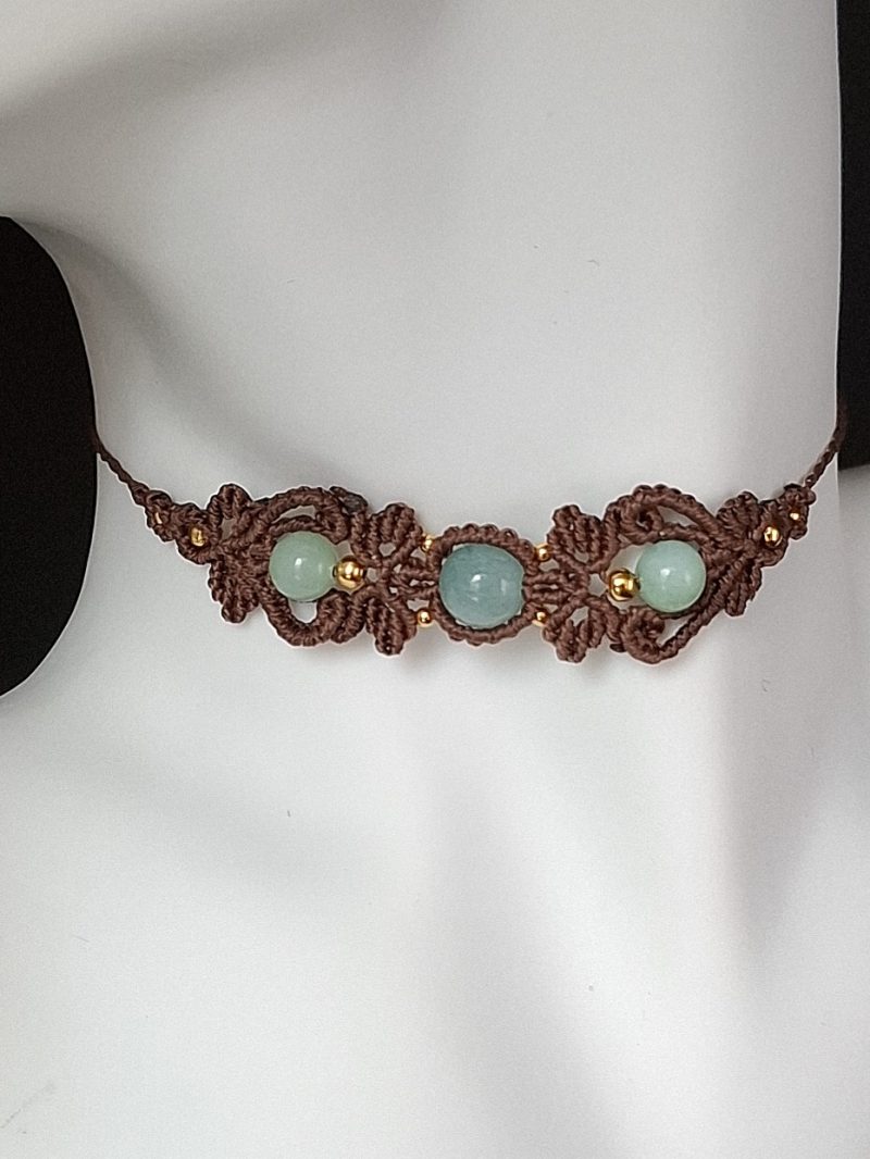 Chocolate Brown Macrame Choker Necklace with Aquamarine and Amazonite gemstones