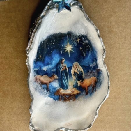 Oyster shell Christmas ornament, multicoloured decoupage