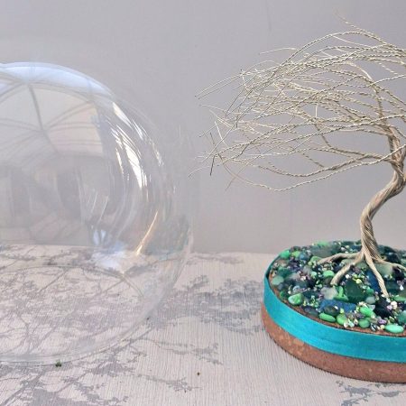 Handmade Silver Wire Tree Sculpture in Glass Dome, Enchanted Nature Art (Green Gemstone Base)
