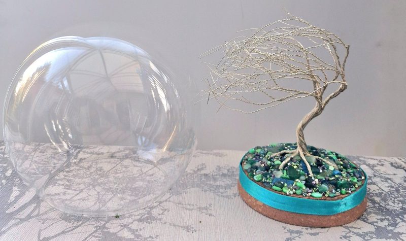 Handmade Silver Wire Tree Sculpture in Glass Dome, Enchanted Nature Art (Green Gemstone Base)