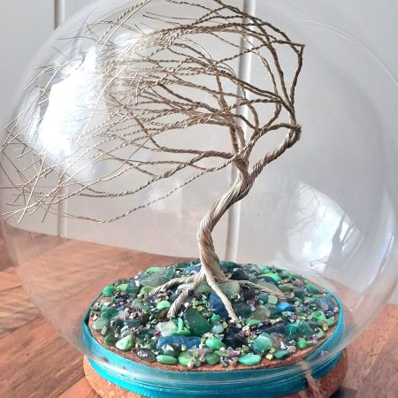 Handmade Silver Wire Tree Sculpture in Glass Dome, Enchanted Nature Art (Green Gemstone Base)