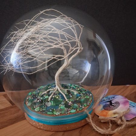 Handmade Silver Wire Tree Sculpture in Glass Dome, Enchanted Nature Art (Green Gemstone Base)