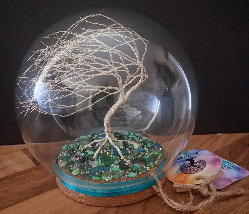 Handmade Silver Wire Tree Sculpture in Glass Dome, Enchanted Nature Art (Green Gemstone Base)