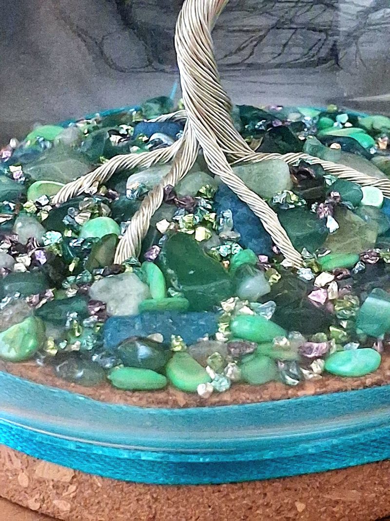 Handmade Silver Wire Tree Sculpture in Glass Dome, Enchanted Nature Art (Green Gemstone Base)