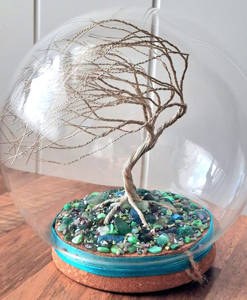 Handmade Silver Wire Tree Sculpture in Glass Dome, Enchanted Nature Art (Green Gemstone Base)