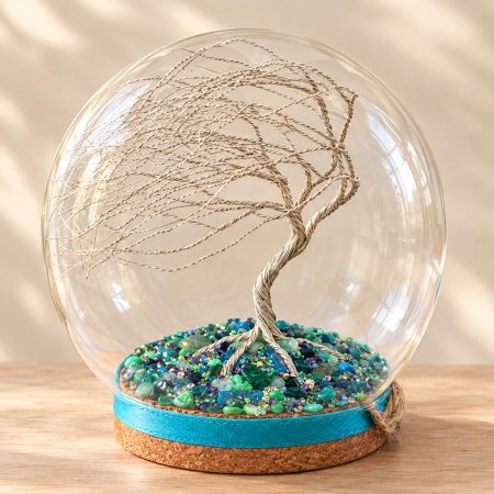 Handmade Silver Wire Tree Sculpture in Glass Dome, Enchanted Nature Art (Green Gemstone Base)