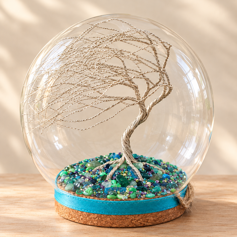 Handmade Silver Wire Tree Sculpture in Glass Dome, Enchanted Nature Art (Green Gemstone Base)