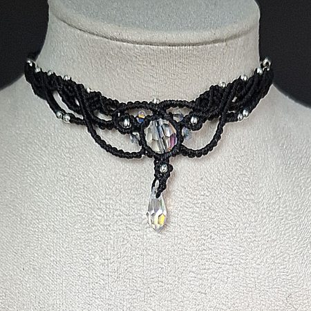 Black Macrame Choker Necklace with Crystals
